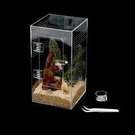 Acrylic Tarantula Enclosure Jumping Spider Enclosure with Front Opening Door5.3 * 5.3 * 9 Inches Micro Habitat Terrarium for Small Tree Dwelling Reptiles, Spiders & Invertebrates (Enclosure&Feeder)