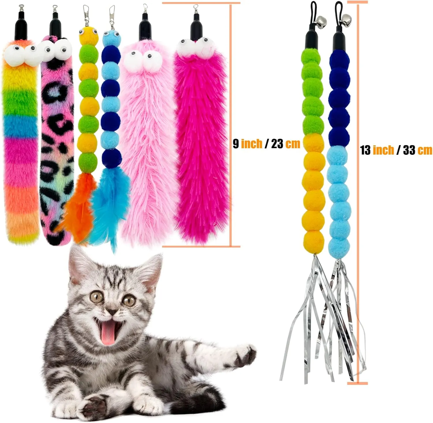 Cat Wand Replacement Worm Cat Toys, 8 Pieces Cat Wand Attachments Assorted Worms Feather Refill Toy for Indoor Cats