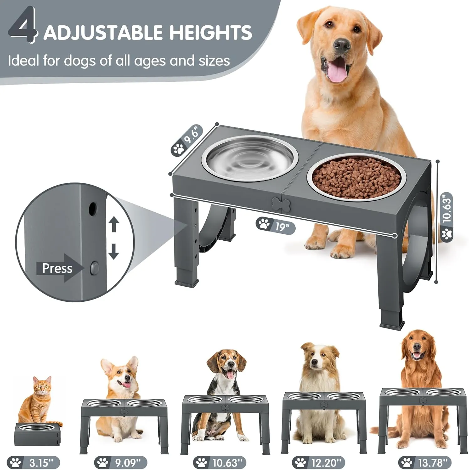Elevated Dog Bowls Large Breed XiaZ Raised Dogs Bowl Stand Large/Medium Sized Dog 1L Food Water Bowl Stands 5 Heights Adjustable 9/11/12/14in Grey Pet Feeder Dish Station