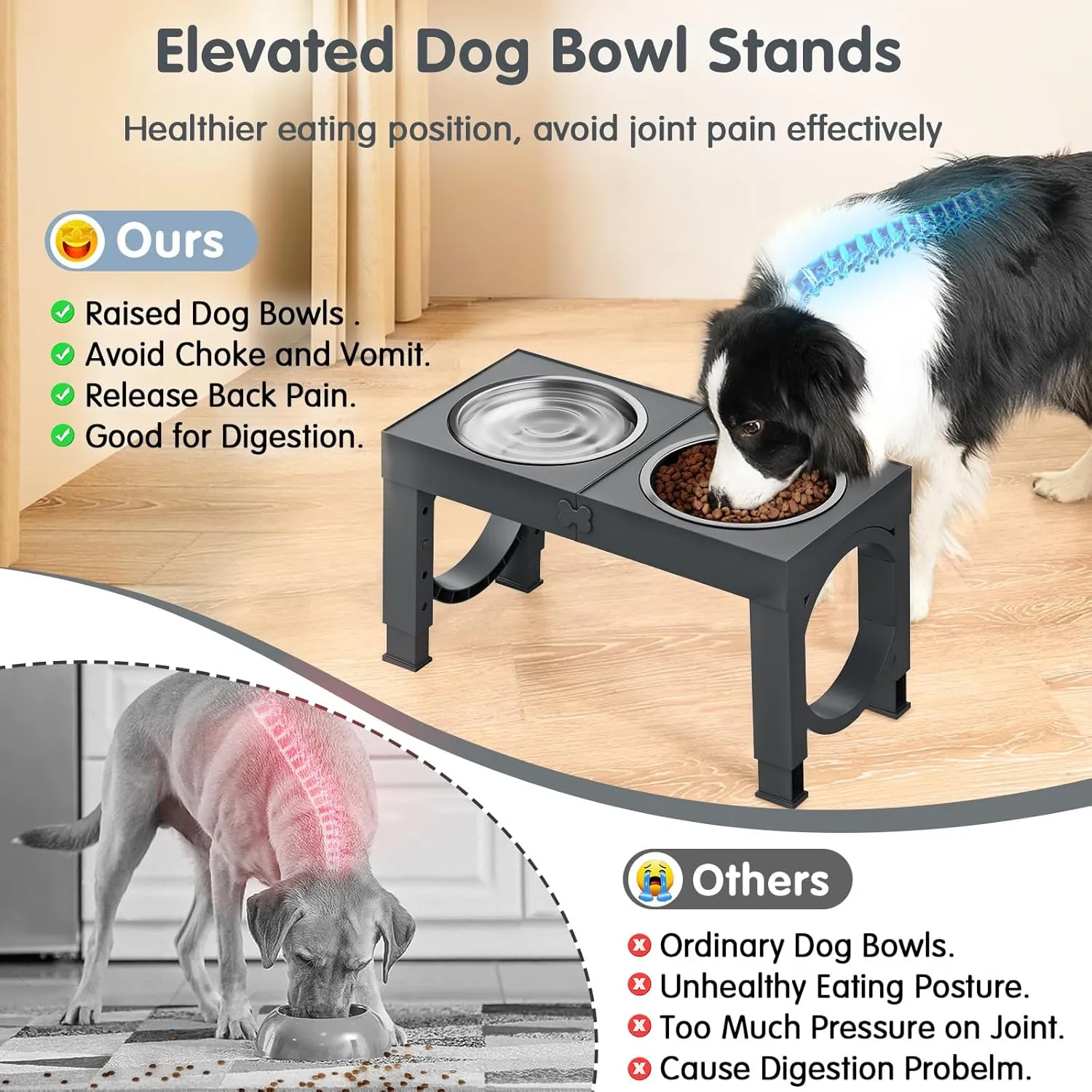 Elevated Dog Bowls Large Breed XiaZ Raised Dogs Bowl Stand Large/Medium Sized Dog 1L Food Water Bowl Stands 5 Heights Adjustable 9/11/12/14in Grey Pet Feeder Dish Station