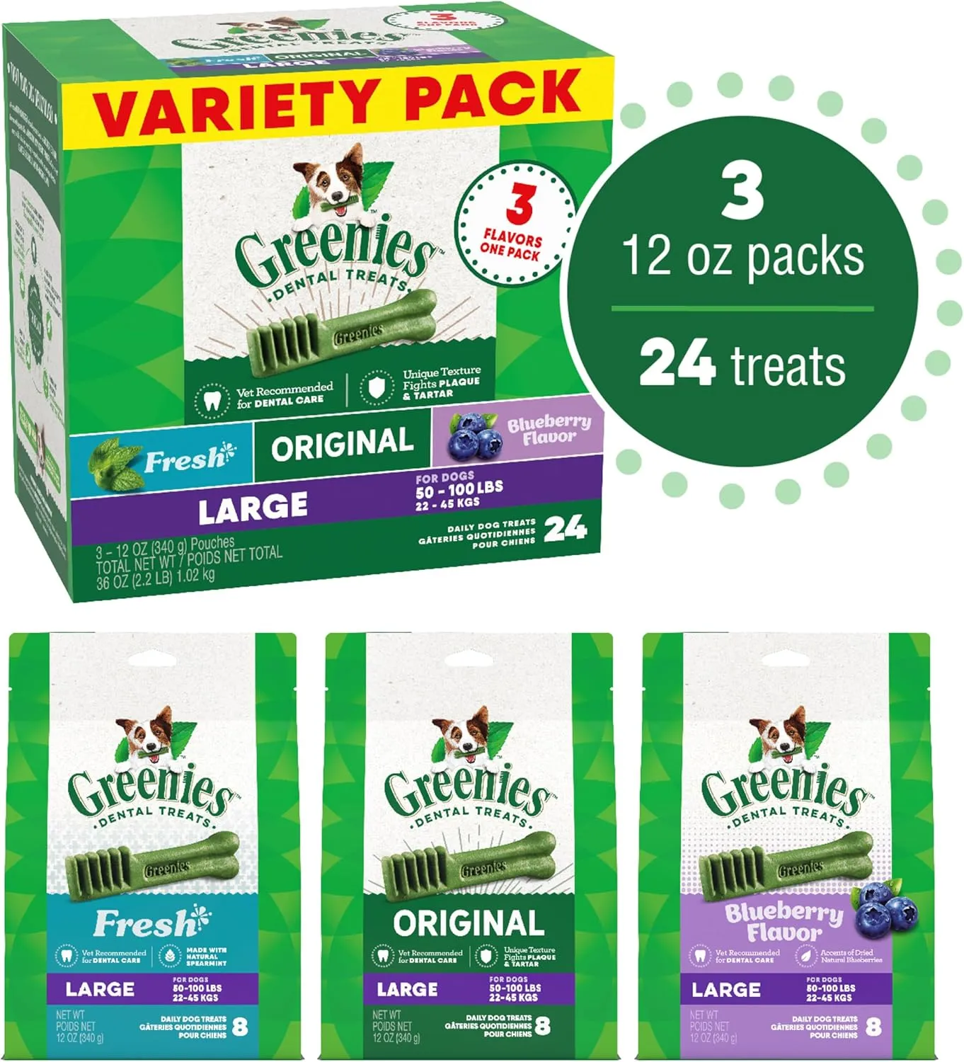 Greenies Large Natural Dental Care Dog Treats, 3-Flavor Variety Pack, (3) 12 oz. Pouches, 24 Total Treats
