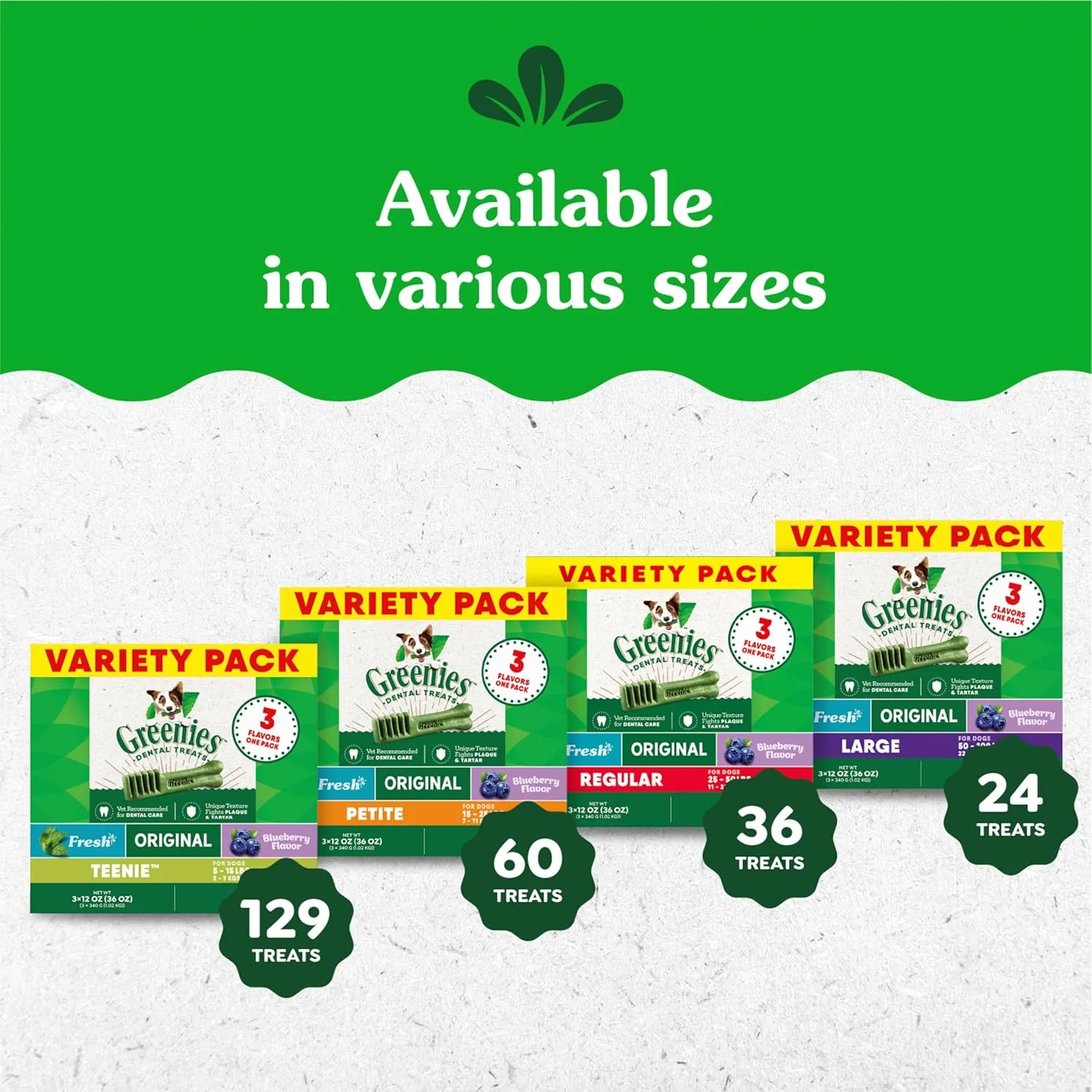 Greenies Large Natural Dental Care Dog Treats, 3-Flavor Variety Pack, (3) 12 oz. Pouches, 24 Total Treats