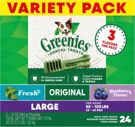 Greenies Large Natural Dental Care Dog Treats, 3-Flavor Variety Pack, (3) 12 oz. Pouches, 24 Total Treats