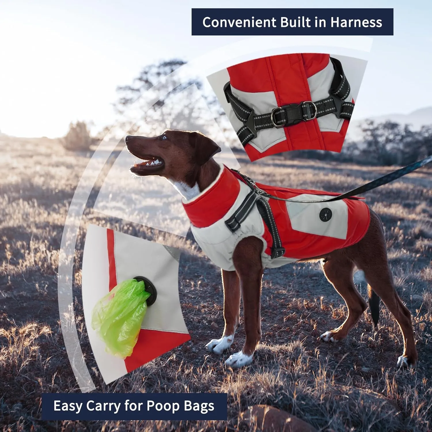 IECOii Dog Coat with Harness Built in -Red,Large- Waterproof Dog Winter Coat Back Zipper,Sweater for Dogs,Dog Jacket Clothes,Fleece Lined Dog Snow Jacket Snowsuit French Bulldog Havanais Shiba Inu
