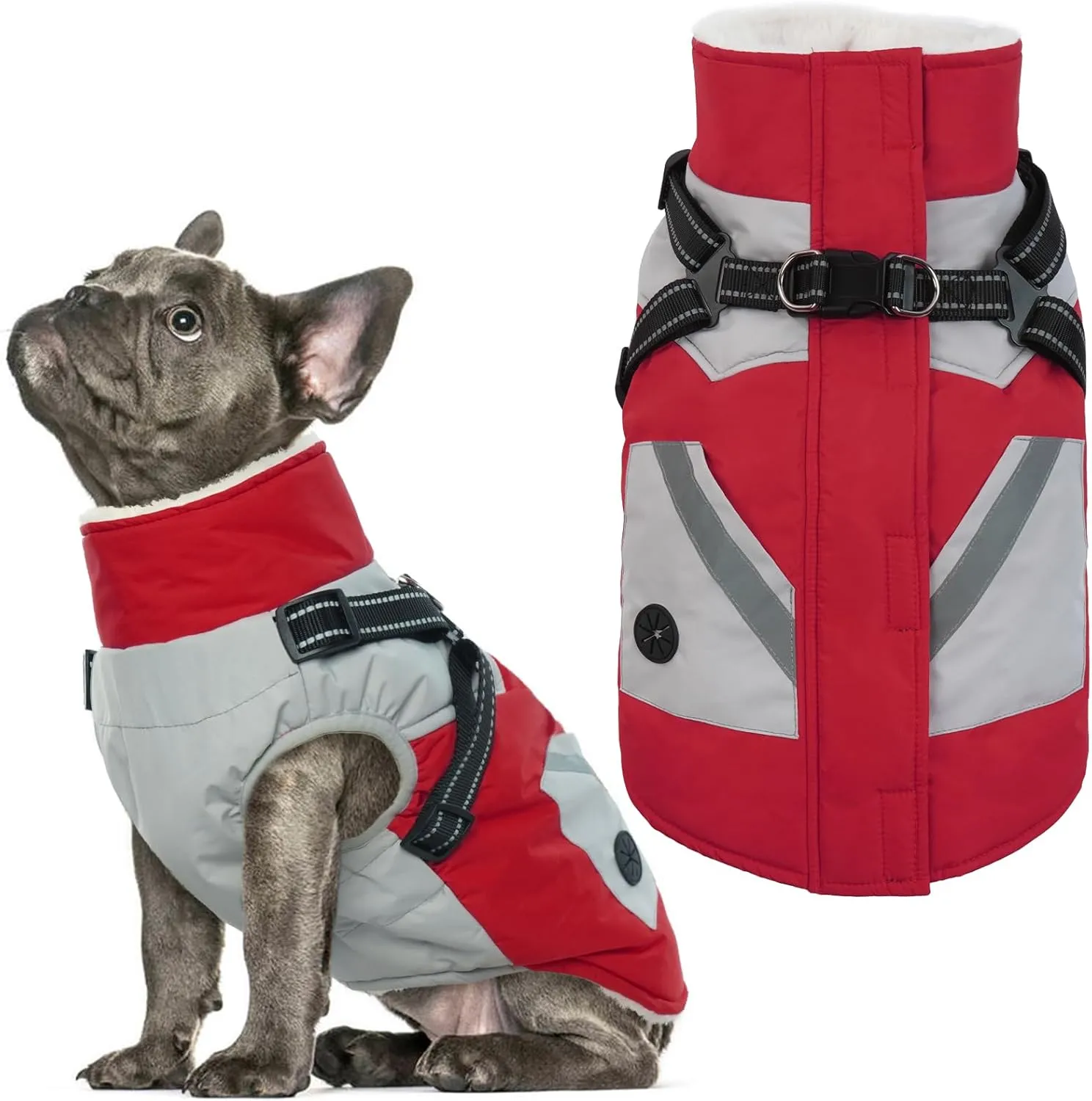 IECOii Dog Coat with Harness Built in -Red,Large- Waterproof Dog Winter Coat Back Zipper,Sweater for Dogs,Dog Jacket Clothes,Fleece Lined Dog Snow Jacket Snowsuit French Bulldog Havanais Shiba Inu
