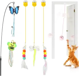 Interactive Cat Feather Toys 6Pcs with Interactive Wand & Hanging Door Toys  Durable Cat Teaser for Indoor Kittens, Bored Adult Cats  Includes Bells, Replaceable Heads, Adjustable Elastic Rope