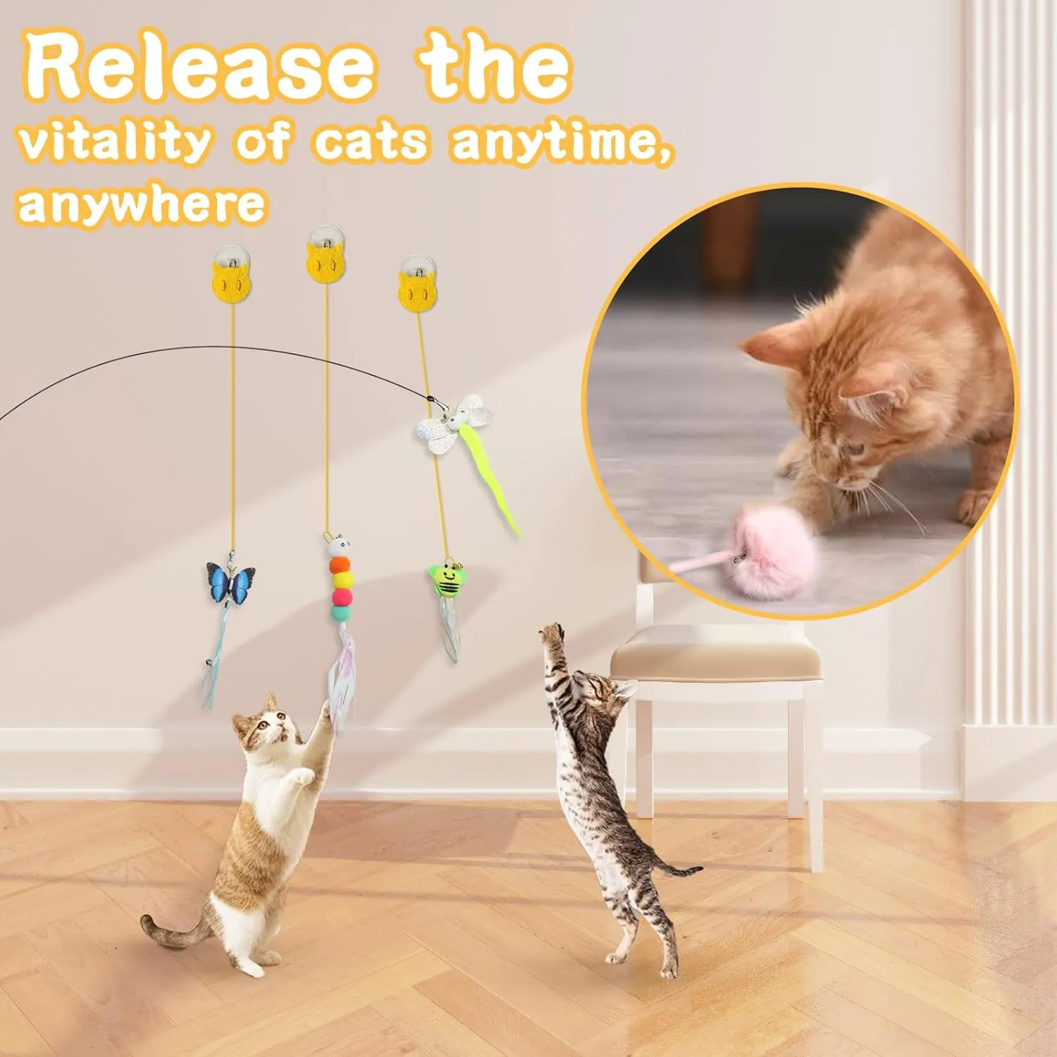 Interactive Cat Feather Toys 6Pcs with Interactive Wand & Hanging Door Toys  Durable Cat Teaser for Indoor Kittens, Bored Adult Cats  Includes Bells, Replaceable Heads, Adjustable Elastic Rope