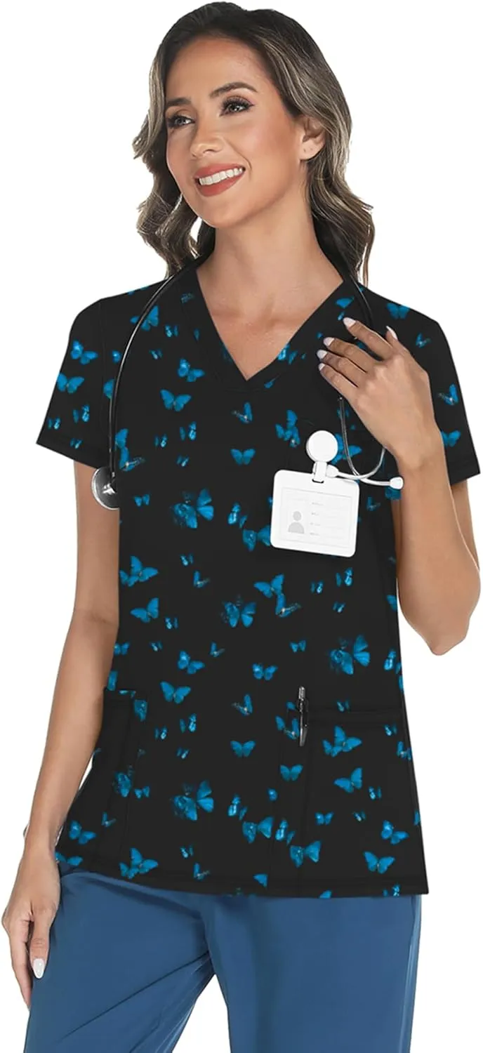 LOMON Scrubs for Women V Neck Printed Scrub Tops Soft Knit Nurse Uniform Shirts with 3 Pockets