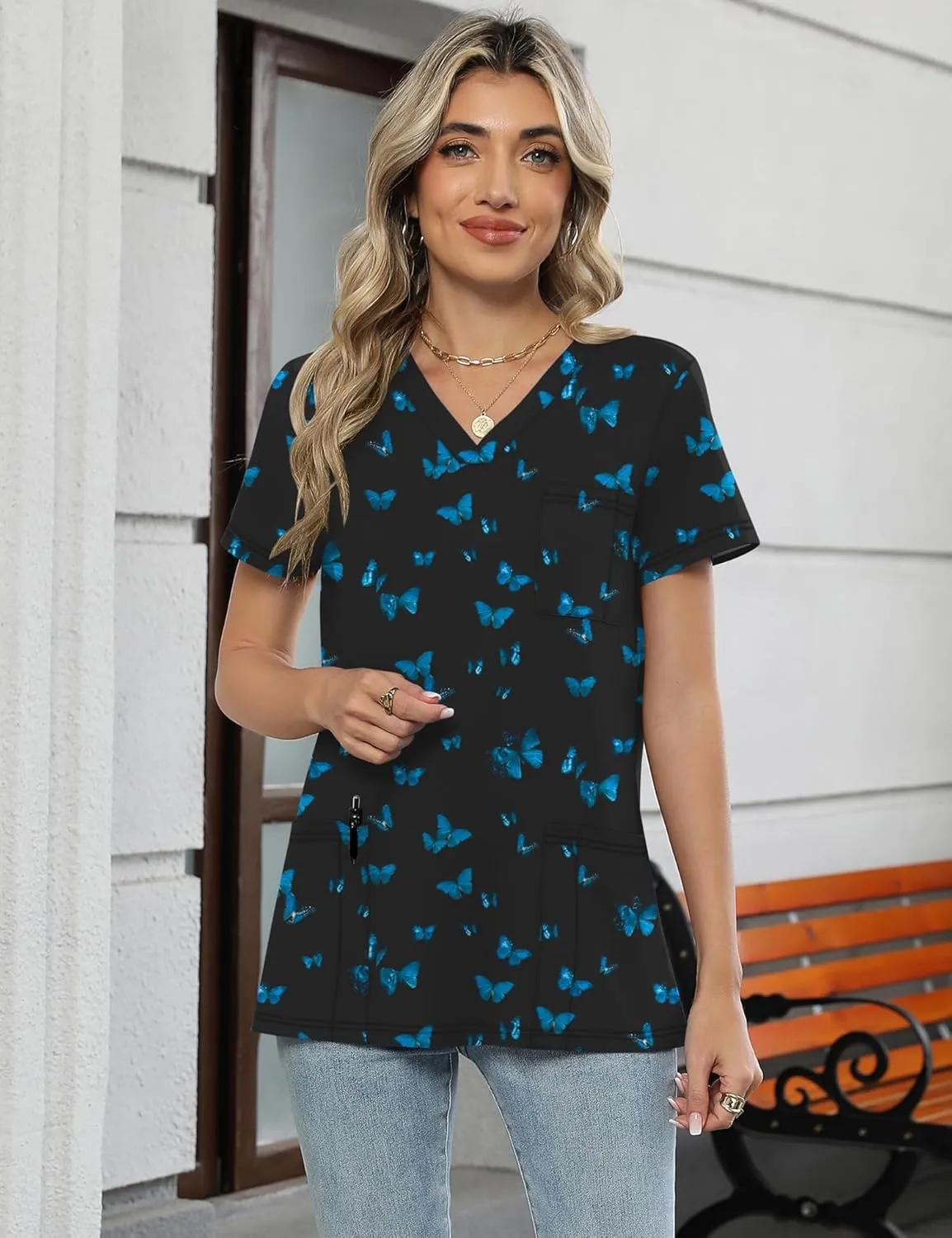 LOMON Scrubs for Women V Neck Printed Scrub Tops Soft Knit Nurse Uniform Shirts with 3 Pockets