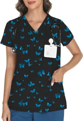 LOMON Scrubs for Women V Neck Printed Scrub Tops Soft Knit Nurse Uniform Shirts with 3 Pockets