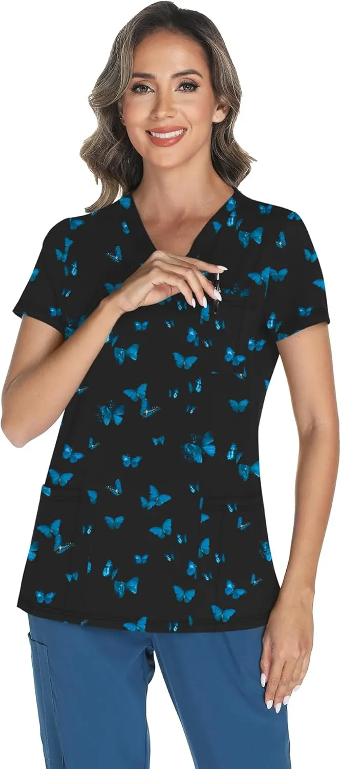 LOMON Scrubs for Women V Neck Printed Scrub Tops Soft Knit Nurse Uniform Shirts with 3 Pockets
