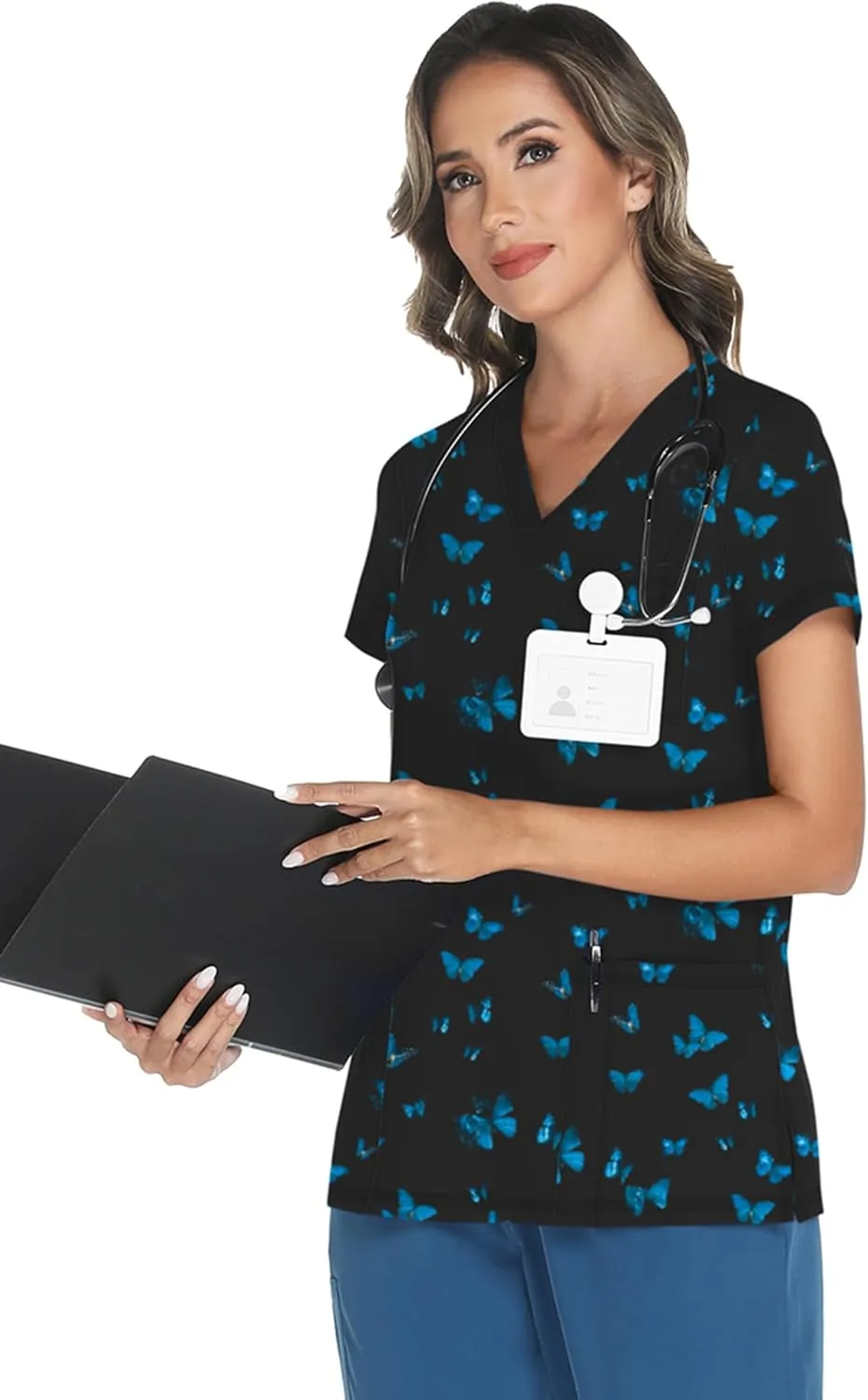 LOMON Scrubs for Women V Neck Printed Scrub Tops Soft Knit Nurse Uniform Shirts with 3 Pockets