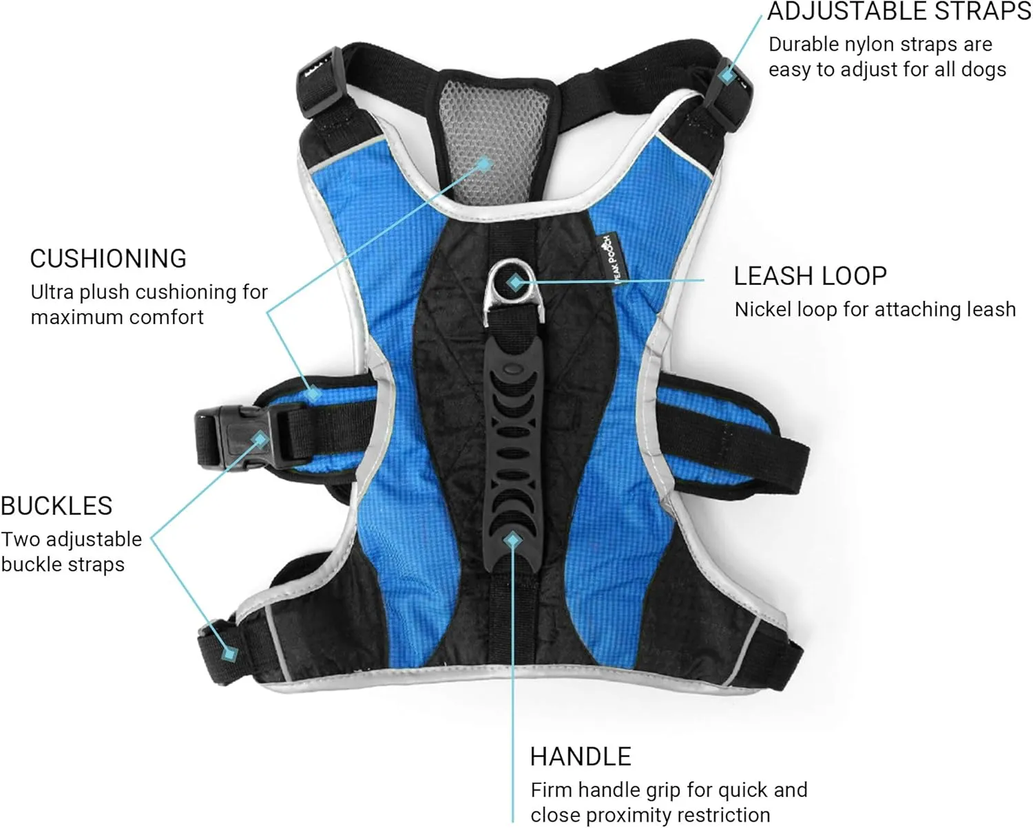No-Pull Dog Harness - Padded, Mesh Fabric Dog Vest with Reflective Trim, Lifting Handles and Buckle Straps - Light Blue Dog Harness - L