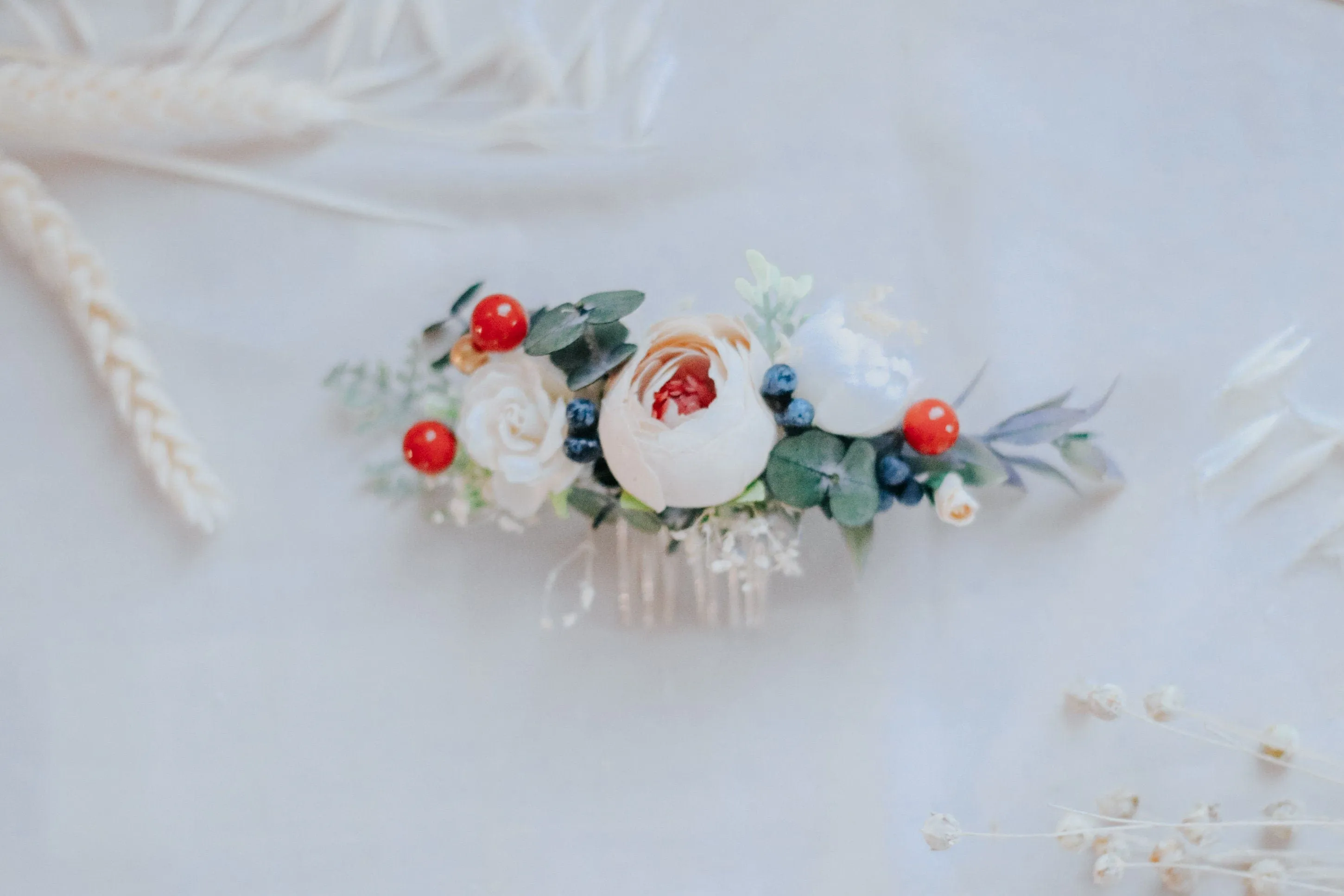 Peach Peony Bridal Comb with White Mulberry Paper Roses, Wedding Comb, Boho Bridal Comb