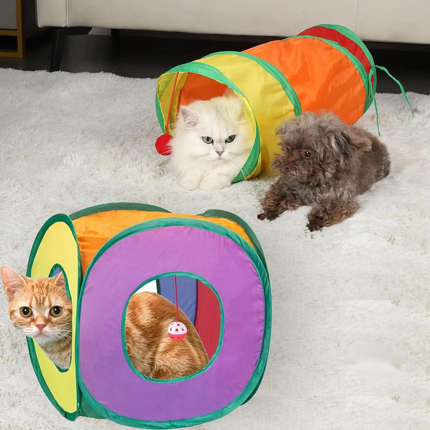 Pet Cat Tunnel Tube Toys Collapsible, Tunnel with Play Ball, Interactive Toys,Bird for Cat Mouse for Kittens Exercise (Colored-B)
