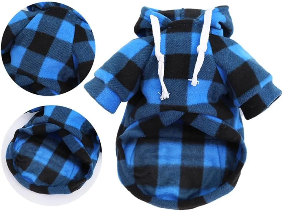 Plaid Dog Hoodie for Small Medium Large Dogs with Zipper Pocket,Fleece Dog Cat Christmas Outfit Winter Clothes,Christmas Puppy Cat Sweaters for Dogs Cats 1~90lbs(Blue,S)