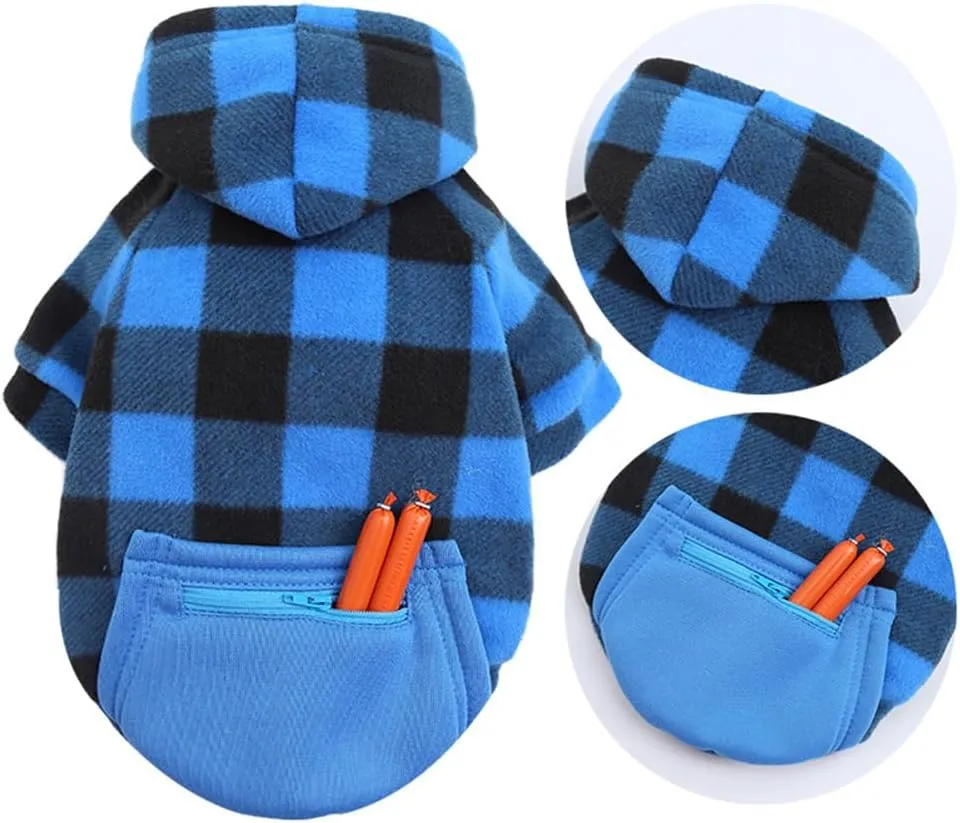 Plaid Dog Hoodie for Small Medium Large Dogs with Zipper Pocket,Fleece Dog Cat Christmas Outfit Winter Clothes,Christmas Puppy Cat Sweaters for Dogs Cats 1~90lbs(Blue,S)