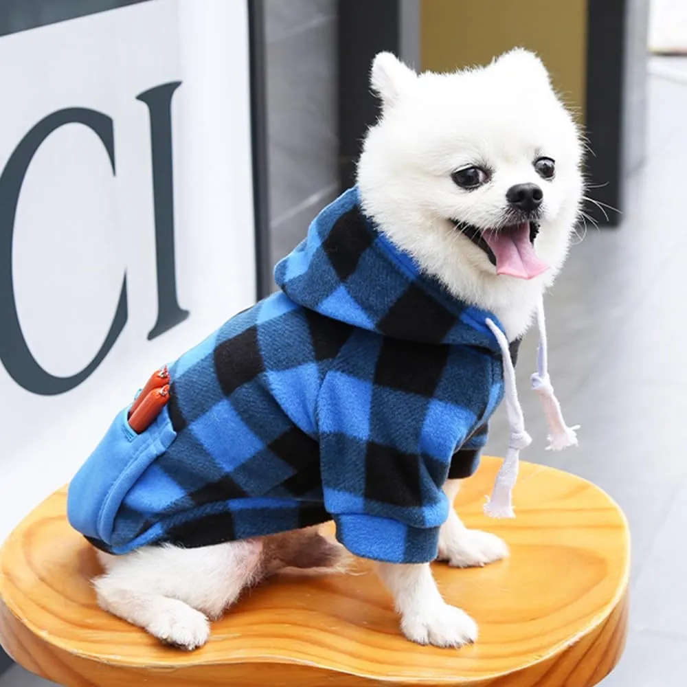 Plaid Dog Hoodie for Small Medium Large Dogs with Zipper Pocket,Fleece Dog Cat Christmas Outfit Winter Clothes,Christmas Puppy Cat Sweaters for Dogs Cats 1~90lbs(Blue,S)