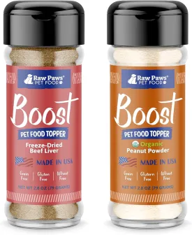 Raw Paws Boost Pet Food Topper Bundle - Freeze Dried Beef Liver & Organic Peanut Powder - Made in USA - Dog Food Toppers for Picky Eaters - Dog Food Seasoning - Meal Mixin