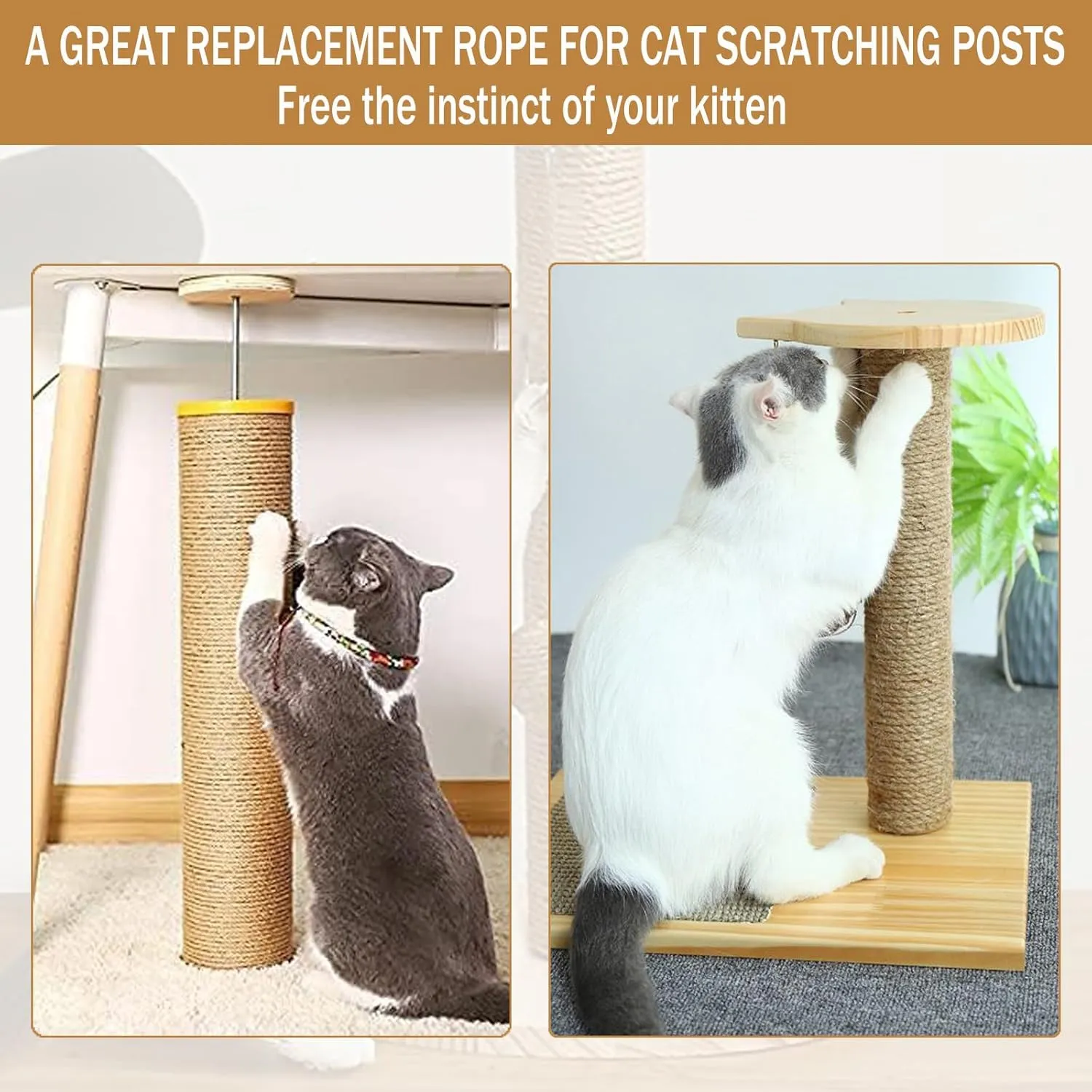 Sisal Rope for Cat Scratcher,Rope for Cat Scratch Post 4mm 164F Jute Twine for Scratching Post Repairing, Recovering or DIY