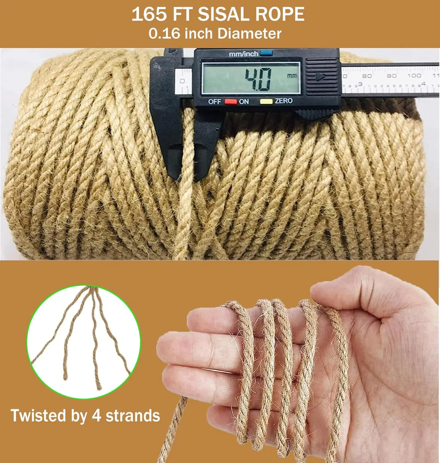 Sisal Rope for Cat Scratcher,Rope for Cat Scratch Post 4mm 164F Jute Twine for Scratching Post Repairing, Recovering or DIY