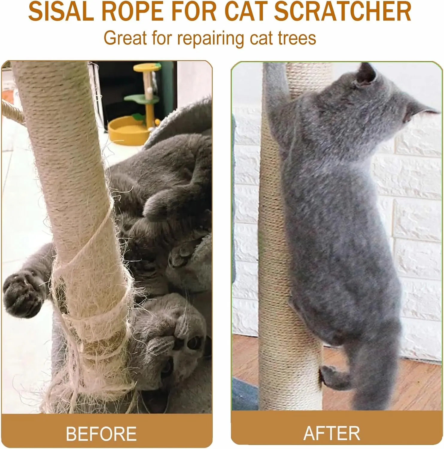 Sisal Rope for Cat Scratcher,Rope for Cat Scratch Post 4mm 164F Jute Twine for Scratching Post Repairing, Recovering or DIY