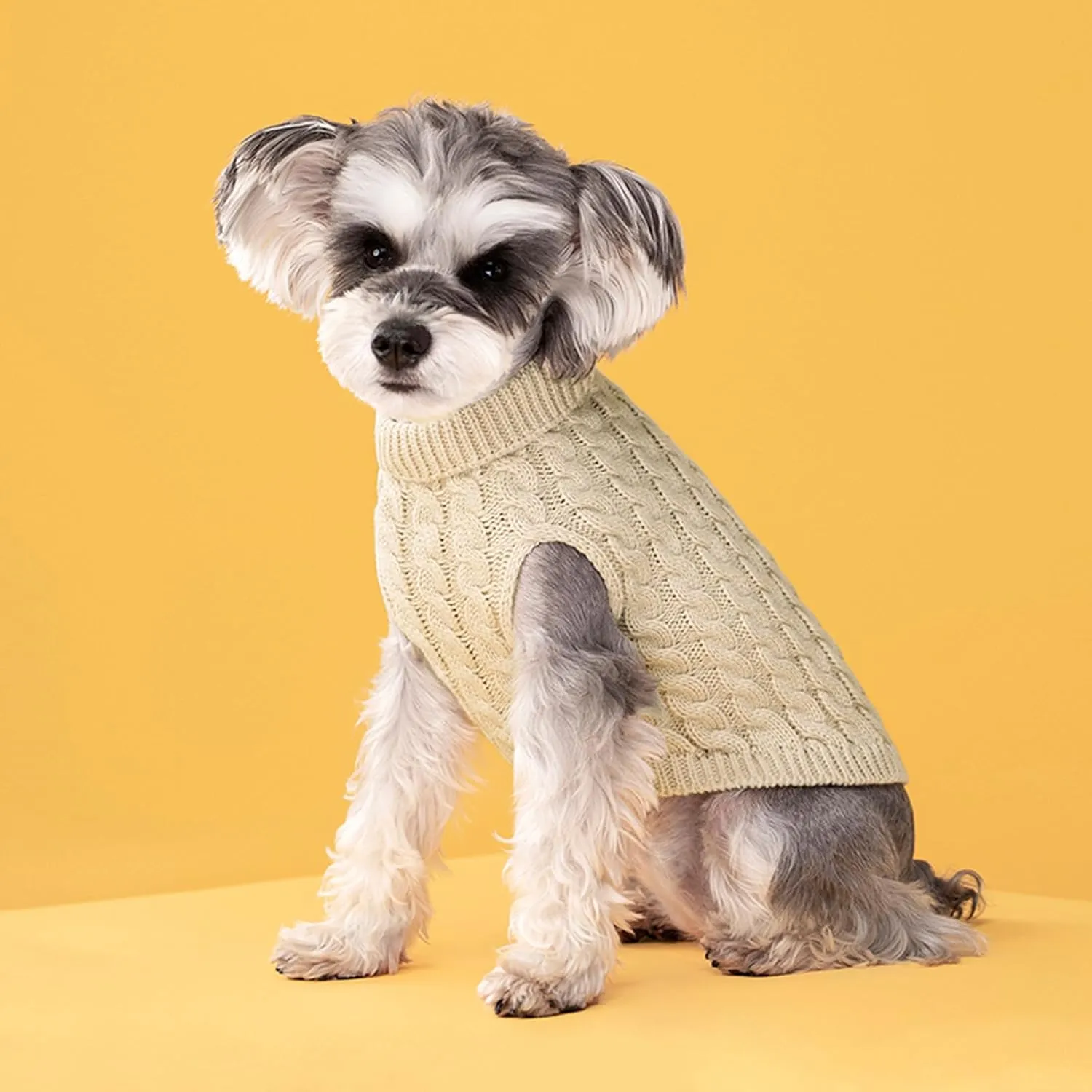 Small Dog Pullover Sweater, Cold Weather Cable Knitwear, Classic Turtleneck Thick Warm Clothes for Chihuahua, Bulldog, Dachshund, Pug, Yorkie (Khaki, X-Small)
