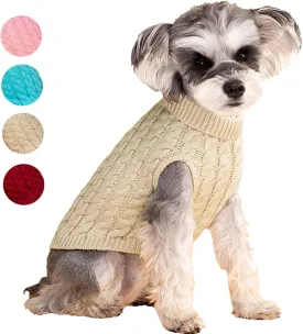 Small Dog Pullover Sweater, Cold Weather Cable Knitwear, Classic Turtleneck Thick Warm Clothes for Chihuahua, Bulldog, Dachshund, Pug, Yorkie (Khaki, X-Small)