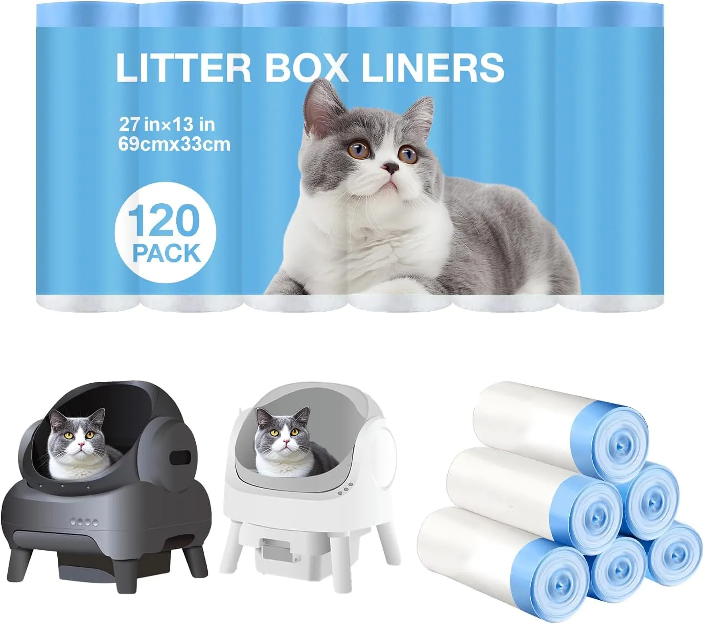 Thicken Cat Litter Bags 120 Pack, cat litter box liners, Leakproof Poop Bags & Waste Bags - Ultimate Odor Control and Leakproof Design,6 Rolls Drawstring Trash Bags for Automatic Litte(27x13 inches