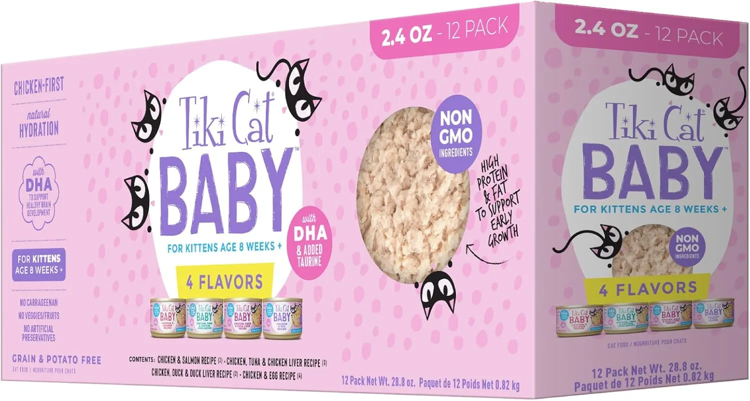 Tiki Cat Baby, Shreds Variety Pack, High-Protein and Flavorful, Wet Cat Food for Kittens 8 Weeks Plus, 2.4 oz. Cans (Pack of 12)