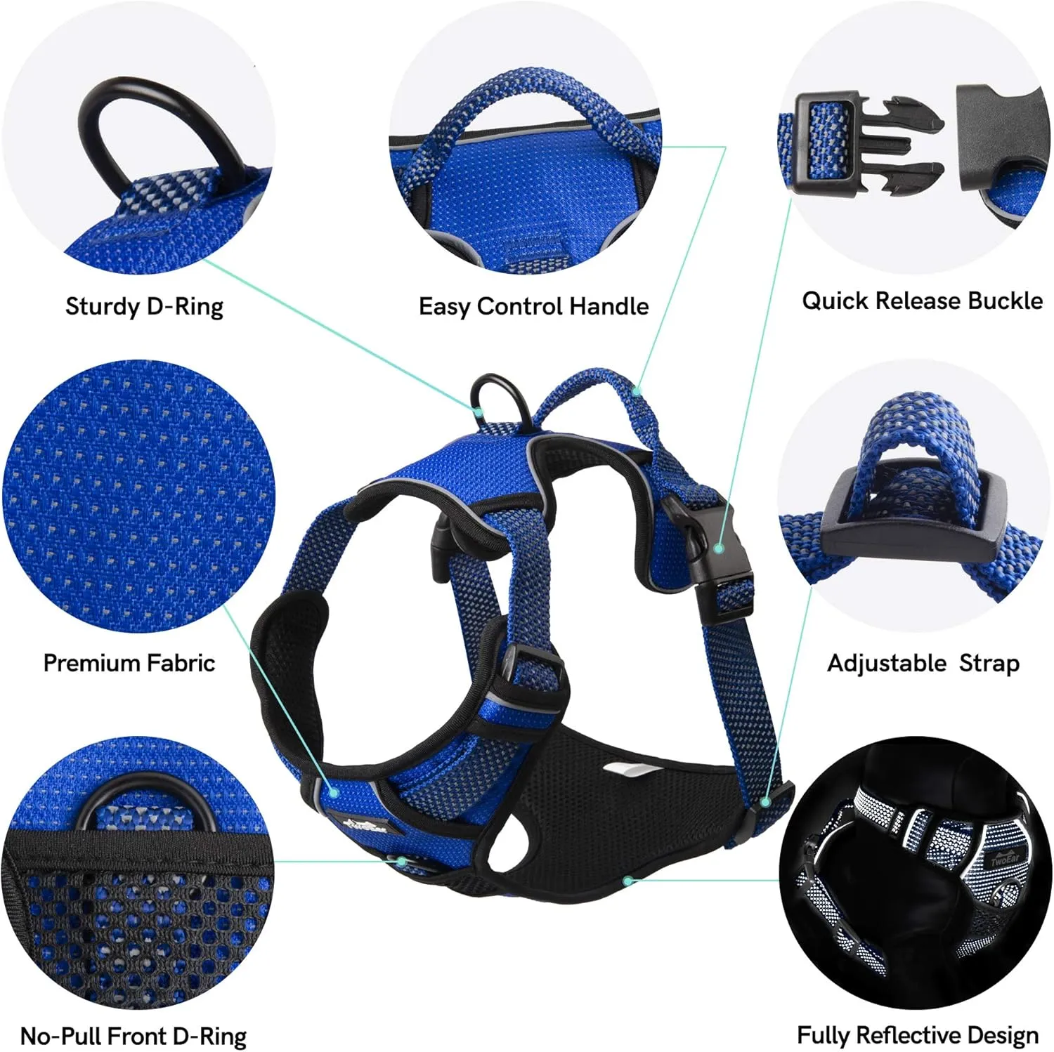 TwoEar Dog Harness, No Pull Reflective Harness Front Clip Easy Control Handle Adjustable Soft Padded Pet Vest for Puppy Small Medium Large Dogs Breed Pet(Medium,Blue)