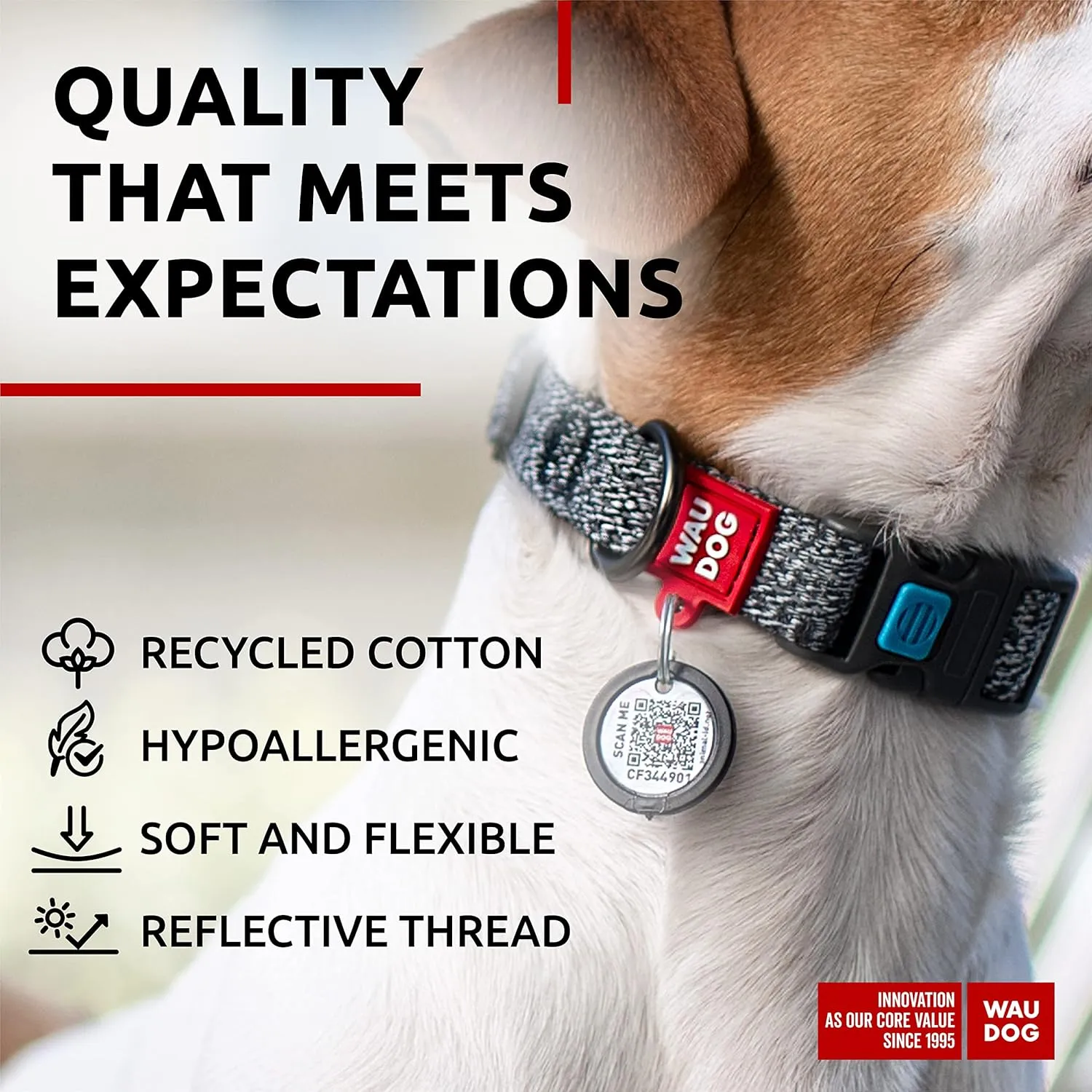 WAUDOG Reflective Cotton Dog Collar Eco-Friendly Alt to Nylon Collar for Small Medium and Large Dogs - Pet Collar with QR ID Tag - Puppy Collar for Large Breed Dogs - Adjustable Male Female Dog Collar