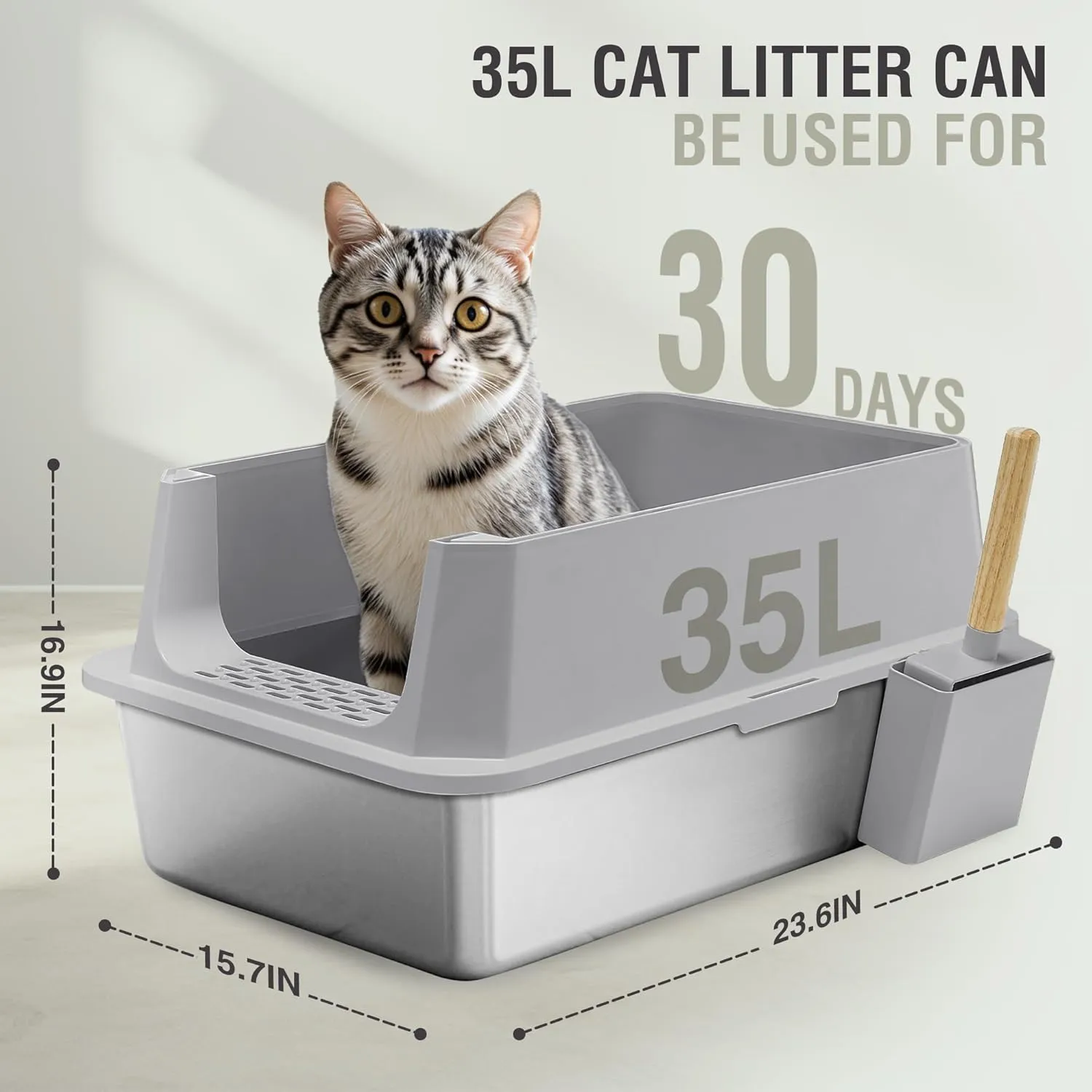 XL Stainless Steel Enclosed Cat Litter Box with Lid 23.6''15.7''16.9'' - Odor Control & Easy Cleaning with Odor-Proof Bags, Large Metal Kitty Litter Box for Indoor Cats, Grey