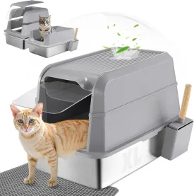 XL Stainless Steel Enclosed Cat Litter Box with Lid 23.6''15.7''16.9'' - Odor Control & Easy Cleaning with Odor-Proof Bags, Large Metal Kitty Litter Box for Indoor Cats, Grey